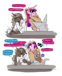  anthro anthrofied baby_carrier clothing coat equid equine eyewear facial_hair fake_mustache fan_character flurry_heart_(mlp) friendship_is_magic hair hasbro horn mammal mustache my_little_pony newspaper parch_well_(oc) ponytail princess_cadance_(mlp) redxbacon sunglasses topwear trenchcoat unicorn 
