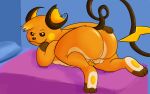  bed butt butt_focus cheeky choshigaiden ear_piercing ear_scar feral furniture hi_res lazy_background male mammal mouse murid murine nintendo overweight overweight_male piercing pok&eacute;mon pok&eacute;mon_(species) raichu raised_tail rodent scar smile smiling_at_viewer solo video_games 