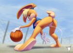  anthro ball basketball_(ball) blonde_hair bmbrigand bodily_fluids bottomless breasts butt clothed clothing digital_media_(artwork) feet female fingering fur genital_fluids genitals hair holding_object lagomorph leporid lola_bunny looking_at_viewer looney_tunes mammal nipples pussy pussy_juice rabbit solo topwear vaginal vaginal_fingering warner_brothers 