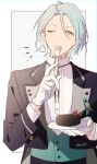  1boy absurdres aqua_vest artist_name black_jacket bolo_tie bow cake chocolate_cake cowlick cropped_jacket curtained_hair dress_shirt earclip ensemble_stars! food food_on_face fork fruit gloves hair_strand highres himeru_(ensemble_stars!) holding holding_fork holding_plate jacket light_blue_hair looking_at_viewer male_focus notice_lines one_eye_closed outside_border pink_bow plate polka_dot polka_dot_background raspberry shiba_twst_69 shirt short_hair solo straight-on suit_jacket symbol-only_commentary upper_body utensil_in_mouth white_gloves white_shirt yellow_eyes 