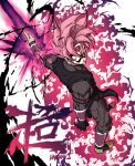  1boy armband artist_name aura bakarott bangs black_gloves blade bracer broken_mask commentary dougi dragon_ball dragon_ball_heroes energy_sword from_above gloves goku_black highres long_sleeves looking_back male_focus mask outstretched_arm pink_hair red_eyes simple_background single_glove solo spiked_hair super_saiyan super_saiyan_rose sword time_breaker_mask weapon white_background 