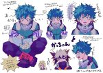  3boys absurdres arrow_(symbol) bakugou_katsuki blonde_hair blush bodysuit boku_no_hero_academia closed_mouth commentary_request freckles frown gloves green_bodysuit green_eyes green_hair highres holding holding_notebook indian_style looking_at_another looking_down looking_up male_focus midoriya_izuku multiple_boys musical_note negoto_(n510x) notebook open_mouth red_eyes sad short_hair sitting smile spiked_hair translation_request white_gloves writing yagi_toshinori 