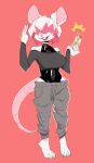  anthro bottomwear buckteeth card choker clothing female hair hair_over_eyes hi_res jewelry latex leotard mammal mouse murid murine necklace pants pink_background pink_hair rodent simple_background solo teeth velvetomo 