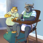  absurd_res anthro baltnwolf_(artist) benjamin_clawhauser bib chief_bogo clean_diaper clothed clothing diaper diaper_fetish digital_media_(artwork) disney duo feeding felid food fur hi_res highchair infantilism leopard male mammal open_mouth pantherine smile tongue zootopia 