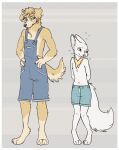  2022 anthro arctic_fox barefoot blue_eyes border canid canine canis clothed clothing digital_media_(artwork) domestic_dog feet fox fur gloves_(marking) hi_res looking_away mammal markings navel smile standing topless white_body white_border white_fur yellow_body yellow_eyes yellow_fur yshanii 