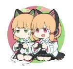  2girls :d animal_ear_headphones animal_ears bangs black_legwear black_shorts black_skirt blonde_hair blue_archive blue_bow blue_necktie bow bra chibi closed_mouth collared_shirt commentary_request controller dress_shirt fake_animal_ears game_controller green_background green_eyes hair_bow halo holding hood hood_down hooded_jacket jacket kneehighs long_sleeves midori_(blue_archive) momoi_(blue_archive) multiple_girls necktie nyaru_(nyaru_4126) pink_background pleated_skirt red_bow red_eyes shirt shorts siblings sisters sitting skirt smile sweat tail twins two-tone_background underwear v-shaped_eyebrows wariza white_background white_bra white_shirt wide_sleeves 