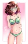  1girl absurdres arm_behind_back artist_name bangs bare_shoulders bespectacled blush bra breasts brown_eyes brown_hair cleavage closed_mouth collarbone glasses gradient gradient_background green-framed_eyewear green_bra green_panties hand_on_own_arm hibike!_euphonium highres kaije7 lingerie looking_at_viewer midriff navel oumae_kumiko panties short_hair signature small_breasts smile solo standing thighs underwear 