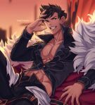  1boy abs belial_(granblue_fantasy) belt belt_removed black_hair black_shirt feather_boa granblue_fantasy hand_on_own_face highres looking_at_viewer lying male_focus muscular muscular_male open_pants pants pectoral_cleavage pectorals red_eyes shirt short_hair smile sunset yaosan233 