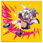  1girl animal_ears artist_name bangs bare_legs black_shorts bronya_zaychik bronya_zaychik_(haxxor_bunny) bullpup commentary_request crossed_bangs drill_hair english_text fake_animal_ears gloves grey_eyes grey_hair gun hair_between_eyes halftone highres holding holding_gun holding_weapon honkai_(series) honkai_impact_3rd hood hooded_jacket id_card jacket long_hair midriff_peek p90 pink_gloves pink_legwear rabbit_ears shoes short_shorts shorts sidelocks smile sneakers socks solo split_mouth spray_paint star_(symbol) submachine_gun sweater tongue tongue_out turtleneck turtleneck_sweater twin_drills vistahero weapon white_jacket yellow_background 