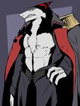  2022 3:4 absurd_res anthro bearing_teeth black_body black_fur chest_tuft clothed clothing fingers fur green_eyes hand_on_hip hi_res looking_at_viewer male multicolored_body multicolored_fur muscular pecs portrait red_body red_fur sergal solo teeth the_man three-quarter_portrait tuft white_body white_fur 