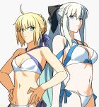  2girls ahoge arms_at_sides artoria_pendragon_(fate) bikini black_ribbon blonde_hair blue_eyes blue_ribbon braid breasts chietori cowboy_shot crown_braid expressionless fate/grand_order fate_(series) french_braid frown green_eyes groin_tendon hair_ribbon hands_on_hips highres large_breasts looking_at_another morgan_le_fay_(fate) multiple_girls navel ribbon shaded_face siblings sisters small_breasts swimsuit white_background 