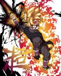  1boy armband artist_name aura bakarott bangs black_gloves blade blonde_hair bracer broken_mask commentary dougi dragon_ball dragon_ball_heroes energy_sword from_above gloves goku_black green_eyes highres long_sleeves looking_back male_focus mask outstretched_arm simple_background single_glove solo spiked_hair super_saiyan sword time_breaker_mask weapon white_background 
