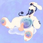  anthro balls beobees bodily_fluids cum cum_inflation cum_inside digital_media_(artwork) erection genital_fluids genitals hi_res humanoid_genitalia humanoid_penis inflation internal lagomorph leporid machine male mammal pawpads penis rabbit robot screen simple_background smile solo tongue tongue_out 