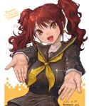  1girl amania_orz brown_eyes brown_hair earrings highres jewelry kujikawa_rise open_mouth persona persona_4 school_uniform serafuku short_hair signature simple_background smile solo turtleneck twintails yellow_eyes 