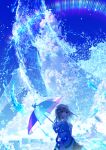  1girl absurdres blue_eyes blue_sky brown_hair city cloud cloudy_sky flying_whale highres hood hooded_jacket jacket long_hair looking_back makoron117117 open_mouth original rain scenery sky solo summer teeth thank_you tongue umbrella upper_body water water_drop whale 