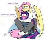 anthro anthrofied blush clothing embrace equid equine fluttershy_(mlp) friendship_is_magic fur hair horn hug mammal my_little_pony pegasus pink_hair purple_hair redxbacon size_difference twilight_sparkle_(mlp) unicorn wings yellow_body yellow_fur 