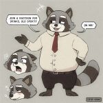  2022 anthro belly biped black_nose blush clothing grey_body hi_res humanoid_hands male mammal multiple_poses necktie overweight overweight_male pose procyonid raccoon shirt simple_background solo steven_huang topwear 