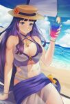  1girl abs absurdres altina_(fire_emblem) bare_shoulders beach black_knight_(fire_emblem) blue_eyes breasts cleavage cleavage_cutout clothing_cutout cloud cloudy_sky collarbone cup day doiparuni fire_emblem fire_emblem:_radiant_dawn fire_emblem_heroes grey_swimsuit grin hat highres large_breasts looking_at_viewer muscular muscular_female navel ocean official_alternate_costume one-piece_swimsuit parasol purple_hair sand sarong sky smile solo_focus swimsuit umbrella water 