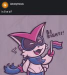  absurd_res anthro bisexual_pride_colors blue_scarf bottomwear cheek_tuft clothing curious_cat cute_fangs eve_(maskedfurry) eyewear facial_tuft fangs female flag fur goggles hi_res legendary_pok&eacute;mon lgbt_pride maskedfurry nintendo pink_body pink_fur pok&eacute;mon pok&eacute;mon_(species) pride_colors scarf shorts simple_background smile solo spandex_shorts sparkles tuft victini video_games wings 