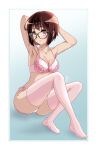 1girl absurdres arms_up bangs bare_shoulders bespectacled blush bra breasts brown_hair cleavage collarbone glasses hibike!_euphonium highres kaije7 knees_up lace-trimmed_bra lace_trim lingerie looking_at_viewer mole mole_under_eye nakaseko_kaori panties parted_lips pink_bra pink_legwear pink_panties red_eyes short_hair side-tie_panties sitting small_breasts solo thighhighs thighs tortoiseshell-framed_eyewear underwear 