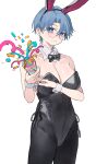  1girl animal_ears aochoku bangs bare_shoulders black_bow black_bowtie black_legwear black_leotard blue_eyes blue_hair bow bowtie breasts cleavage collarbone confetti detached_collar earrings fake_animal_ears glasses grin groin hairband highres jewelry large_breasts leotard looking_at_viewer original panties panty_peek parted_bangs party_popper round_eyewear short_hair simple_background smile solo standing stud_earrings teeth underwear white_background wrist_cuffs 