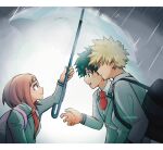  1girl 2boys arm_up artist_name backpack bag bakugou_katsuki blazer blonde_hair boku_no_hero_academia brown_hair closed_mouth commentary english_commentary freckles from_side green_eyes green_hair grey_jacket highres holding holding_umbrella jacket letterboxed looking_at_another midoriya_izuku multiple_boys necktie open_mouth parted_lips pink_bag rain reallyveverka red_eyes red_necktie school_uniform short_hair smile spiked_hair u.a._school_uniform umbrella uraraka_ochako 