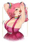  1girl absurdres ace_attorney armpits arms_behind_head arms_up bangs blush breasts choker cleavage clown clown_nose dress ennmatien eyelashes frilled_dress frills geiru_toneido gloves half-closed_eyes highres huge_breasts lips lipstick makeup medium_hair parted_lips phoenix_wright:_ace_attorney_-_spirit_of_justice pink_dress pink_hair rainbow shoulder_pads simple_background sleeveless sleeveless_dress solo suspenders suspenders_gap sweat thick_eyelashes wavy_hair 