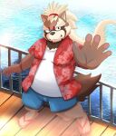  2022 anthro belly black_nose bottomwear brown_body canid canine clothing detailed_background footwear goemon_(tas) hi_res humanoid_hands inugamihito kemono lifewonders male mammal overweight overweight_male raccoon_dog sandals shirt shorts solo tanuki tokyo_afterschool_summoners topwear video_games water 