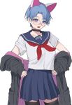  1girl animal_ears aochoku black_legwear blue_eyes blue_hair blue_skirt cat_ears choker clothes_down cowboy_shot fake_animal_ears glasses hairband highres looking_at_viewer neckerchief open_mouth original parted_lips red_neckerchief sailor_collar school_uniform serafuku short_hair short_sleeves simple_background skirt solo thighhighs white_background zettai_ryouiki 