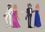  2022 4_fingers anthro blue_clothing blue_dress canid canine canis clothed clothing diane_foxington digital_media_(artwork) dreamworks dress duo english_text eyebrow_piercing eyewear facial_piercing female fingers footwear formal_shoes formal_wear formalwear fox fox_tail fur glasses green_eyes grey_body grey_fur hi_res jewelry looking_at_viewer male male/female mammal mr._wolf_(the_bad_guys) necklace necktie nosugarnohoney open_mouth orange_body orange_fur piercing shirt shoes simple_background smile suit teeth text the_bad_guys topwear wolf wolf_tail yellow_sclera 