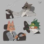 2022 4_fingers anthro business_suit businesswear canid canine canis cheek_tuft clothed clothing diane_foxington digital_media_(artwork) dreamworks driving ears_back ears_up english_text eyebrow_piercing eyewear facial_piercing facial_tuft female fin fingers fish fluffy fox fur glasses green_eyes grey_body grey_fur grin group hi_res inner_ear_fluff korean_text male mammal marine mr._piranha_(the_bad_guys) mr._wolf_(the_bad_guys) necktie nosugarnohoney orange_body orange_fur piercing piranha_(fish) pivoted_ears serrasalmid sharp_teeth simple_background smile steering_wheel suit teeth text the_bad_guys translation_request trio tuft wolf yellow_sclera 