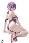  1girl absurdres ass back bare_legs bare_shoulders bernadetta_von_varley breasts fire_emblem fire_emblem:_three_houses full_body grey_eyes highres kaos_art large_breasts looking_at_viewer one-piece_swimsuit purple_sweater sandals short_hair simple_background solo sweater swimsuit thighs white_background 