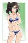  1girl absurdres artist_name bare_shoulders bespectacled black-framed_eyewear black_hair blue_bra blue_eyes blue_panties blush bra breasts cleavage closed_mouth collarbone glasses gradient gradient_background hand_up hibike!_euphonium highres kaije7 kasaki_nozomi lace lace-trimmed_bra lace-trimmed_panties lace_trim lingerie liz_to_aoi_tori long_hair looking_at_viewer midriff navel panties ponytail signature small_breasts smile solo standing underwear 