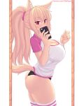  1girl animal_ear_fluff animal_ears ass bangs black_panties blonde_hair blush breasts cat_ears cat_girl cat_tail cellphone cleavage commentary english_commentary hair_ornament hair_scrunchie highres holding holding_phone large_breasts long_hair looking_at_viewer no_pants nottytiffy original panties patreon_username phone pink_scrunchie ponytail red_eyes scrunchie selfie shirt short_sleeves slit_pupils smartphone solo tail thighhighs thighs tiffy_(nottytiffy) underwear white_shirt 
