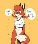  anthro bottomless breasts canid canine clothed clothing digital_media_(artwork) dipstick_tail edtropolis english_text female fox freckles frown fur hair hi_res mammal markings navel orange_body orange_fur patricia_mac_sionnach pigtails shirt simple_background solo speech_bubble tail_markings text topwear 