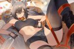  1girl animal_ears antlers aochoku arknights bandeau bangs bare_shoulders bell black_gloves black_hair black_legwear black_shorts blurry blurry_background boots bottle breasts choker closed_eyes ear_piercing feet_out_of_frame fingerless_gloves gloves gradient_hair highres holding holding_bottle knee_up long_hair lying medium_breasts midriff multicolored_hair navel neck_bell on_back parted_lips piercing schwarz_(arknights) schwarz_(presents)_(arknights) short_shorts shorts sleeping solo streamers thighhighs 