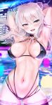  1girl :d ahoge animal_ears arm_behind_head arm_up armlet armpits arms_behind_head arms_up bikini black_bikini black_choker black_nails blush bracelet breasts breasts_apart character_name choker closed_eyes closed_mouth contrapposto fang glint highres hololive jewelry large_breasts laughing licking_lips lion_ears lion_girl lion_tail long_hair mizuno_kurage multi-strapped_bikini navel neck_ring one_eye_closed open_mouth pool shishiro_botan skindentation smile solo ssrb stomach swimsuit tail teeth tongue tongue_out v-shaped_eyebrows virtual_youtuber wading water water_drop wet white_hair 