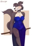  absurd_res anthro beastars blue_clothing blue_dress breasts brown_body brown_fur canid canine canis choker cleavage clothed clothing digital_media_(artwork) dress ear_piercing eyebrow_piercing facial_piercing female fur grin hi_res jewelry juno_(beastars) mammal necklace open_mouth piercing simple_background smile solo teeth wolf zevies 
