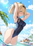  1girl armpits ass bangs blonde_hair blue_eyes blush brat_(brabrabrat00) breasts highres hololive kazama_iroha long_hair looking_at_viewer navel partially_submerged pokobee ponytail solo swimsuit virtual_youtuber 