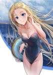  1girl blonde_hair blue_eyes blue_sky breasts cleavage cloud competition_school_swimsuit cowboy_shot highres horizon innertube kofune_ushio leaning_forward long_hair maoy123 medium_breasts school_swimsuit shell_necklace sky solo summertime_render swimsuit very_long_hair 