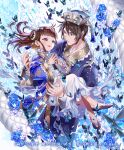  1boy 1girl :d animal_on_shoulder banned_artist black_footwear blue_butterfly blue_flower blue_headwear blue_rose braid braided_bun brown_eyes brown_hair bug butterfly carrying chinese_clothes dragonfly dress eye_contact flower hair_bun hair_flower hair_ornament hanfu hetero highres lizard long_hair long_sleeves looking_at_another male_focus midori_foo official_art original princess_carry rose smile steepled_fingers tassel white_dress 