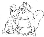  2022 anthro balls belly big_belly blush canid canine duo genitals hi_res humanoid_hands kemono male mammal moobs navel nipples overweight overweight_male penis raccoon_dog sakusan_kc sketch small_penis tanuki tenugui 