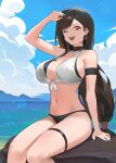  &gt;_o 1girl ;d alternate_costume arm_strap arm_support arm_up beach black_hair blue_sky breasts brown_hair cloud commentary day earrings final_fantasy final_fantasy_vii highres hood_(james_x) jewelry large_breasts legs long_hair looking_at_viewer navel ocean one_eye_closed open_mouth outdoors red_eyes rock sitting sitting_on_rock sky smile solo stomach thigh_strap thighs tifa_lockhart 