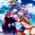  2girls bangs bare_shoulders bikini black_wristband blue_bikini blue_gloves blue_hair blue_sky braid cloud criss-cross_halter fingerless_gloves fire_emblem fire_emblem:_radiant_dawn fire_emblem_awakening fire_emblem_heroes flower gloves green_eyes hair_between_eyes hair_flower hair_ornament hairband halterneck long_hair lucina_(fire_emblem) marth_(fire_emblem_awakening) mask mia_(fire_emblem) multiple_girls navel official_alternate_costume open_mouth orange_bikini purple_hair roman_s see-through short_hair sky swimsuit teeth thigh_strap upper_teeth wet white_hairband wristband 