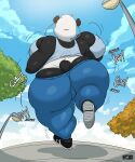  2022 absurd_res anthro back_boob big_breasts big_butt black_clothing black_footwear black_shoes blue_bottomwear blue_clothing blue_pants bottomwear breasts butt clothed clothing cloud earbuds female footwear giant_panda headphones hi_res huge_breasts huge_butt joaoppereiraus jogging mammal onomatopoeia outside pants plant rear_view shirt signature sky solo sound_effects street_lamp sueli_(joaoppereiraus) tank_top text thick_thighs tight_clothing topwear tree ursid 