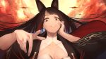  1girl aircraft airplane akagi_(azur_lane) animal_ears azur_lane breasts brown_hair cleavage cloud cloudy_sky crazy_eyes crazy_smile floating_hair hand_on_own_cheek hand_on_own_face highres jewelry kitsune large_breasts long_hair long_sleeves looking_at_viewer red_eyes red_sky ring sky solo upper_body very_long_hair wedding_ring wide_sleeves yandere yohia 