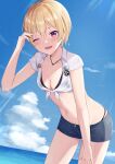  1girl ;d absurdres bikini bikini_under_clothes black_bikini blonde_hair blue_sky blush cloud crop_top denim denim_shorts highres horizon idolmaster idolmaster_shiny_colors leaning_forward light_rays looking_at_viewer mochiko_(uyu_omochi) ocean one_eye_closed outdoors saijo_juri shirt short_hair short_shorts shorts sky smile solo swimsuit tied_shirt water_drop white_shirt 