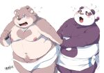  2022 alp_(tas) anthro barely_visible_genitalia barely_visible_penis belly big_belly blush duo genitals giant_panda hi_res hijirinoyuta humanoid_hands jambavan kemono lifewonders male mammal moobs nipples overweight overweight_male penis purple_body simple_background tokyo_afterschool_summoners towel ursid video_games white_body 