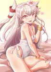 1girl amatsukaze_(kancolle) bracelet casual_one-piece_swimsuit commentary_request flower fuji_(pixiv24804665) grey_hair hair_flower hair_ornament hair_tubes heart highres jewelry kantai_collection long_hair lying on_side one-piece_swimsuit open_mouth smile solo swimsuit teeth two_side_up upper_teeth white_hair white_swimsuit 