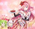  &gt;_&lt; 3girls bra breasts censored chibi cleavage duel_monster flower gradient_hair hair_flower hair_ornament highres holding holding_plate long_hair medium_breasts midriff mosaic_censoring multicolored_hair multiple_girls navel no_panties one_eye_closed pink_hair plate rafflesia_(flower) revealing_clothes smile solo_focus tongue tongue_out traptrix_myrmeleo traptrix_rafflesia traptrix_sera underwear unisenpai very_long_hair yu-gi-oh! 